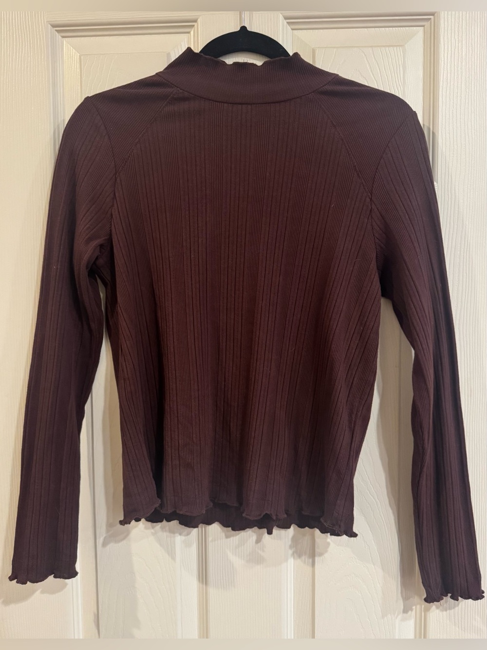 Democracy Ribbed Mock Neck Long Sleeve Top in Dark Brown